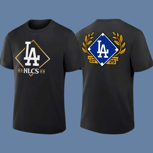 LA Dodgers 2025 NLCS Locker Room Shirt featuring front and back designs celebrating the team's championship win.