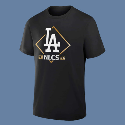 LA Dodgers 2025 NLCS Locker Room Shirt featuring LA logo and NLCS 2025 design on a black t-shirt.